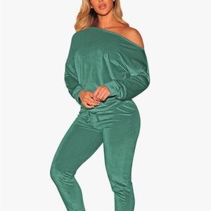 Womens 2 Piece Off One Shoulder Sweatshirt Jogging Set Velvet Sweatsuit